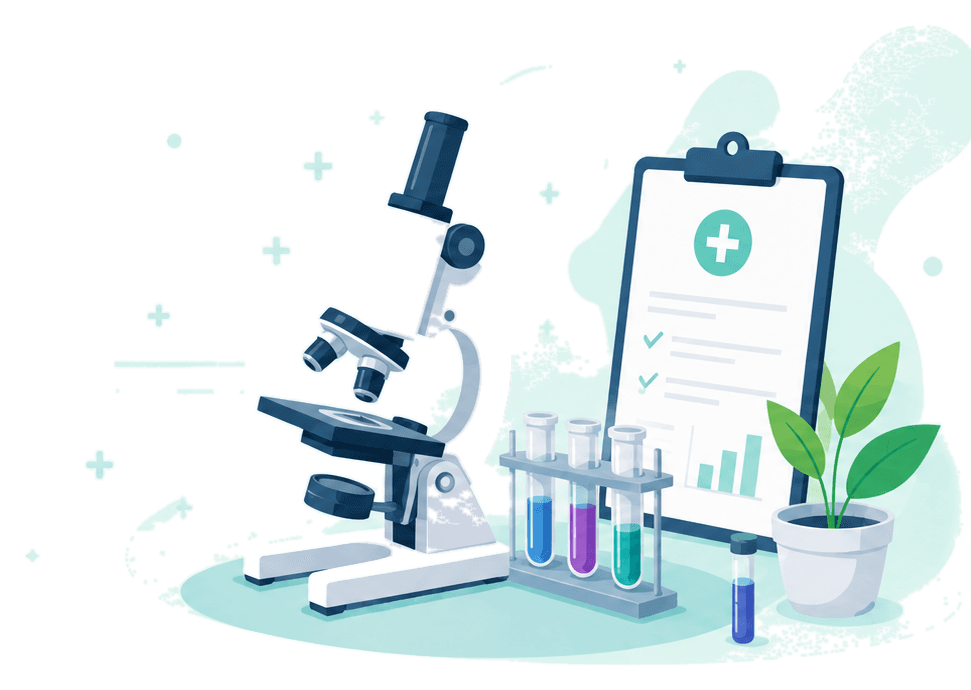Laboratory microscope, test tubes, a diagnostic report on a clipboard, and a plant, representing the DiagnosticBazaar testing experience